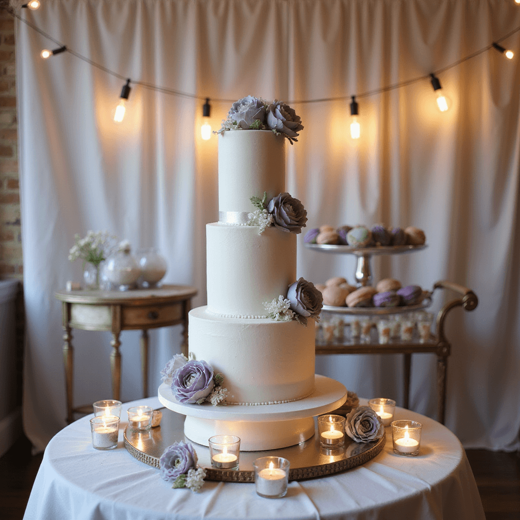 An elegant indoor wedding celebration featuring a sleek white wedding cake adorned with lavender and silver sugar flowers, placed on a mirrored platform. Candlelight from mercury glass votives reflects softly around the cake, set against a sheer white drapery backdrop. A dessert cart with matching macarons and petit fours enhances the scene, illuminated by warm Edison bulbs.