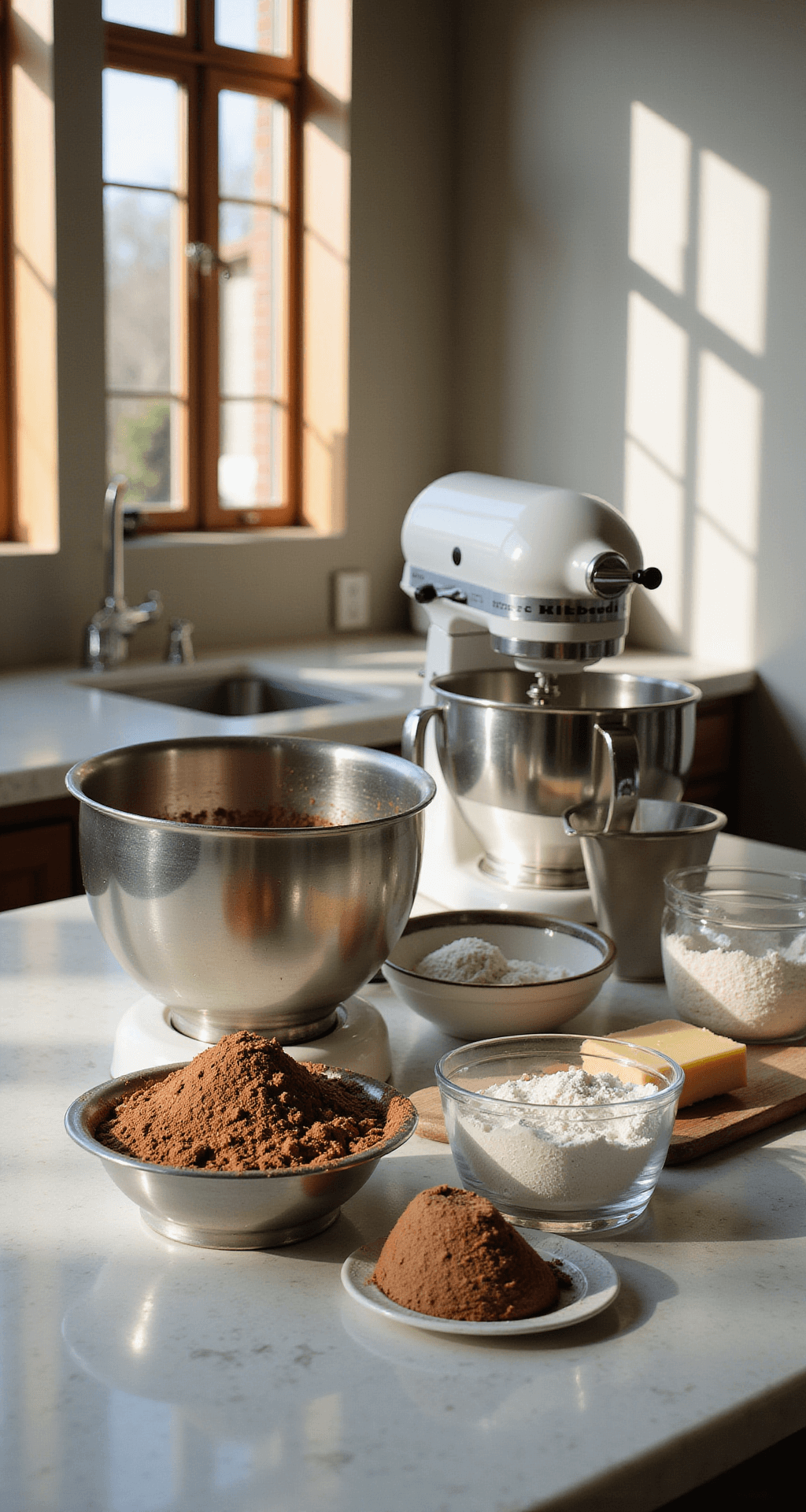 A bright professional kitchen with warm natural light, showcasing stainless steel bowls of cocoa powder and flour, an electric mixer, softening butter, and neatly arranged glass bowls of measured ingredients on a marble countertop.