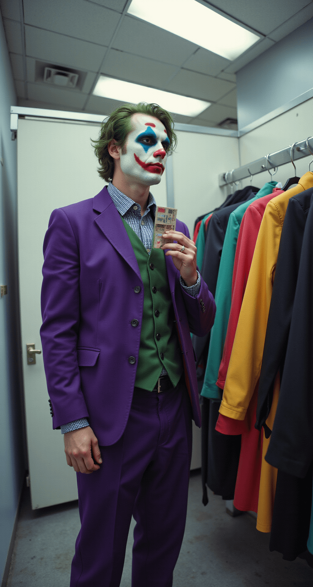 A slim-built man assembles a budget-friendly Joker costume in a thrift store changing room, wearing a purple blazer and testing face paint swatches amid colorful clothing options, illuminated by fluorescent lighting.