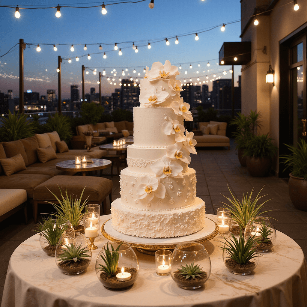 A luxurious rooftop celebration featuring a six-tier white cake with royal icing and sugar orchids, surrounded by gold terrariums and votives, with a twilight city skyline and market lights overhead.