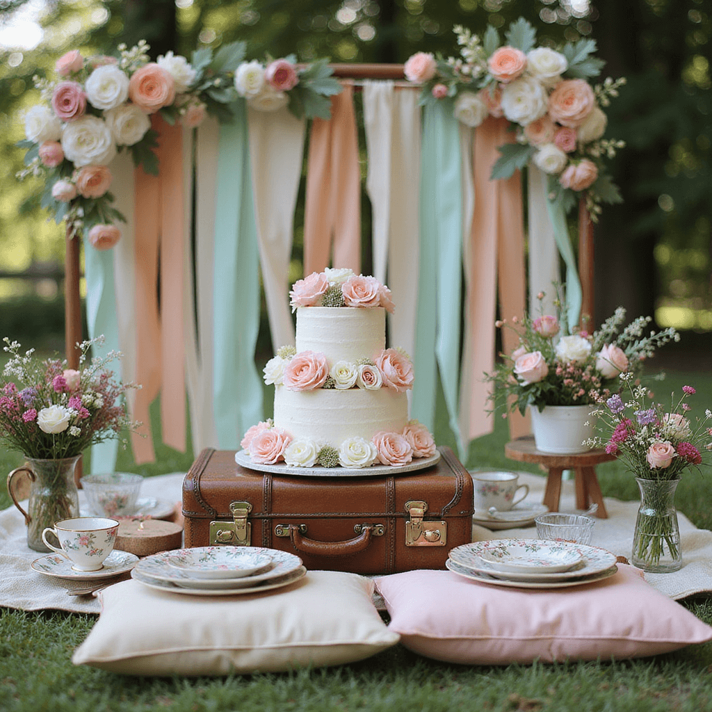 A whimsical backyard micro-wedding scene featuring a petite two-tier white cake adorned with fresh garden roses and hand-painted fondant flowers, set atop a vintage suitcase stack. Mismatched teacups filled with blooms surround the cake, while a homemade backdrop of paper flowers and ribbons in blush, mint, and peach enhances the dreamy atmosphere. A low table with floor cushions showcases colorful glassware, patterned plates, and bud vases of wildflowers, all illuminated by soft afternoon light filtering through the trees.