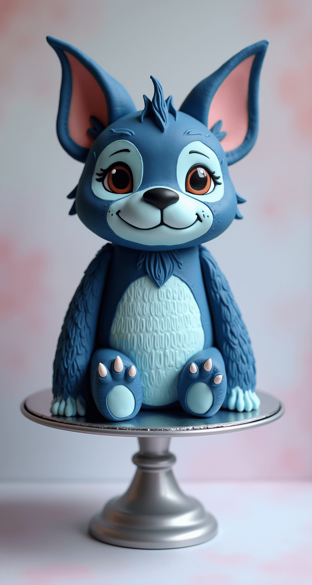 A detailed 3D cake of Bluey on a silver stand, featuring smooth blue buttercream fur, Rice Krispie ears covered in fondant, and hand-piped facial details, set against a pastel background with soft lighting.