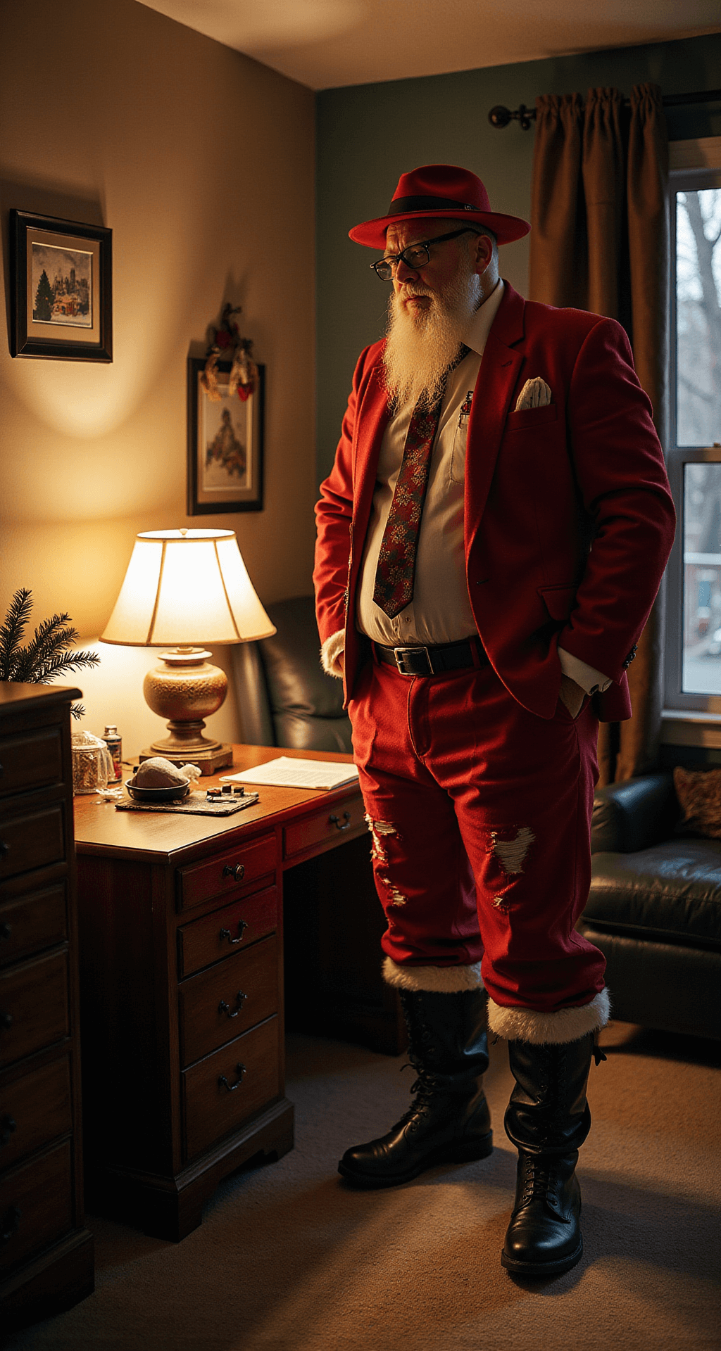 A larger gentleman adjusts a distressed red 'Santa gone wrong' costume in his cozy home office, illuminated by warm desk lamp lighting, surrounded by costume props and accessories on a nearby desk.