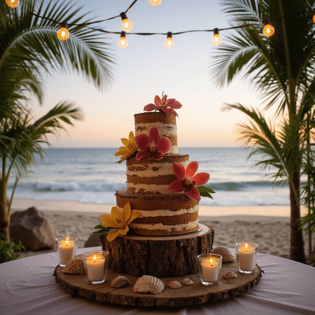 Cinematic wide shot of a beachfront wedding cake display at sunset, featuring a naked coconut cake adorned with tropical flowers, seashells, and candles on a driftwood stand, framed by palm fronds and string lights above, with the ocean in the background.