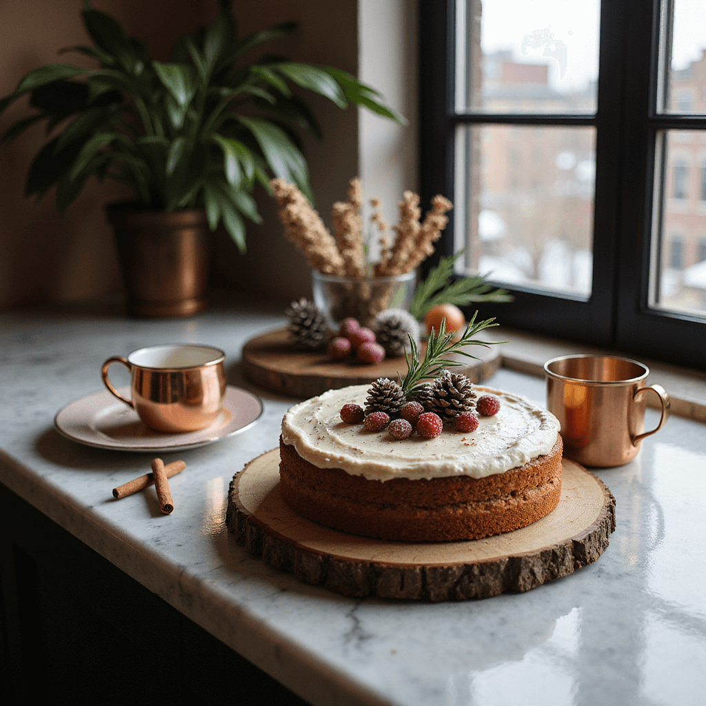A close-up of a naked spice cake with cream cheese frosting, adorned with sugared cranberries, pinecones, and rosemary, displayed on a reclaimed wood slice on a marble countertop, alongside a hot cocoa bar with copper mugs and cinnamon sticks, all illuminated by warm moody lighting in a cozy winter engagement celebration.