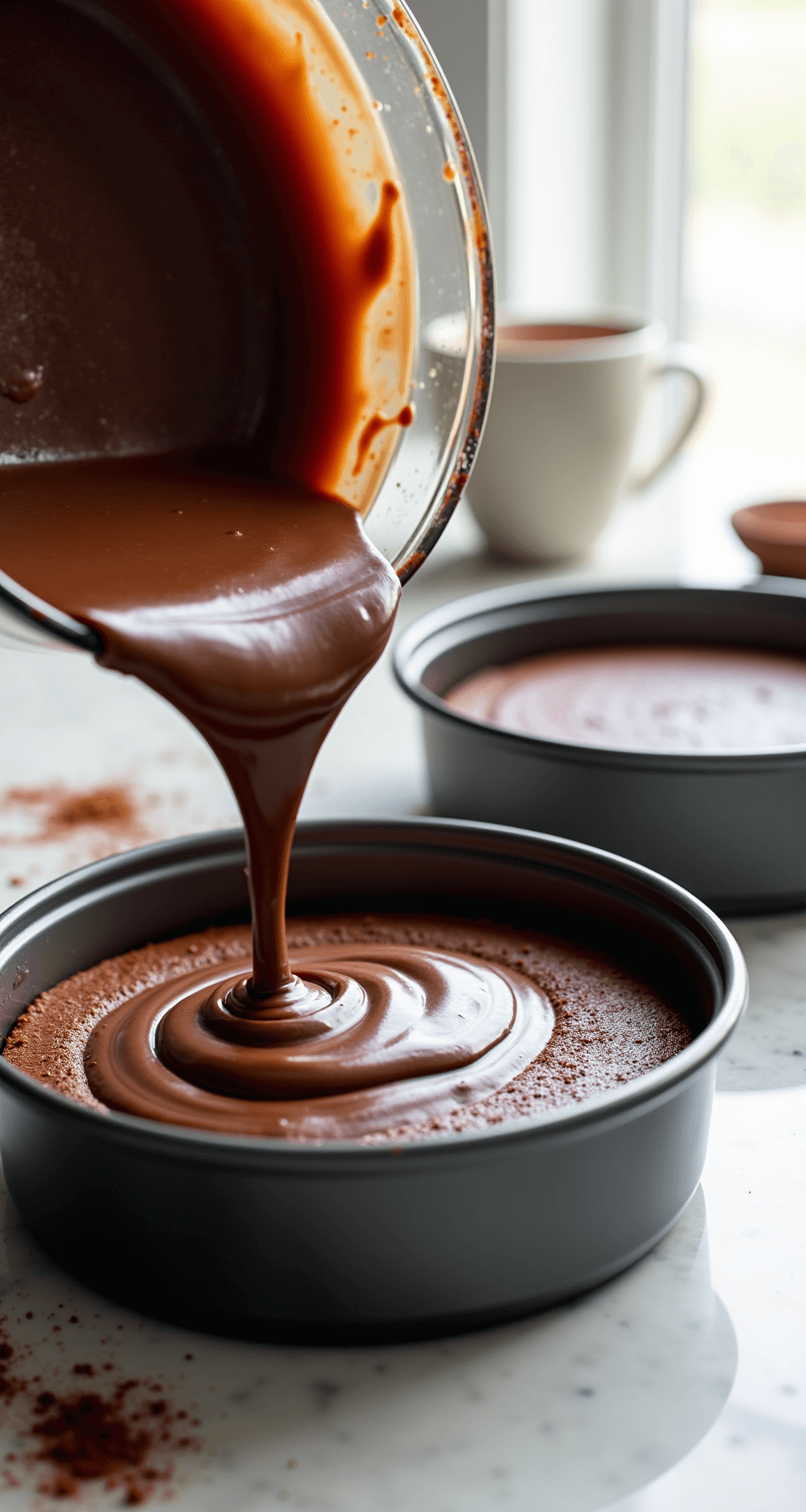 CHOCOLATE BIRTHDAY CAKE: THE ULTIMATE CROWD-PLEASING DESSERT Close-up of rich chocolate cake batter being poured into two 9-inch pans, showcasing its glossy texture in a professional kitchen with marble countertop, scattered cocoa powder, and a cup of coffee in the background.