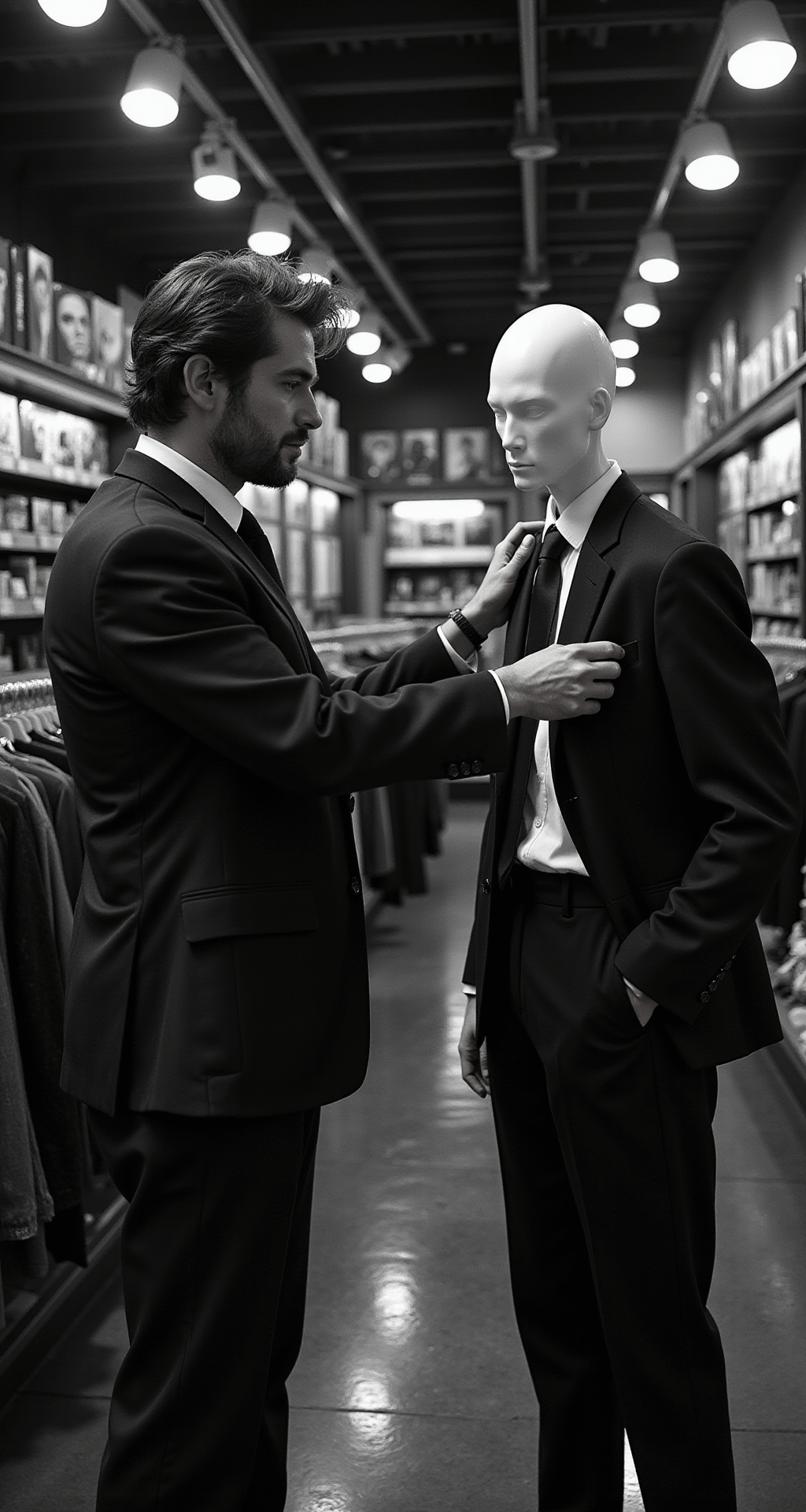 A tall man in a Halloween pop-up store tries on a Slenderman costume, adjusting a white mask and black tie under dramatic retail spotlights, with rows of costumes and accessories visible in the background.
