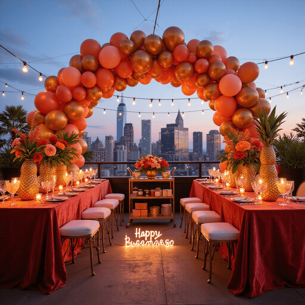 A vibrant rooftop birthday celebration at dusk featuring a coral and gold balloon arch, illuminated by bistro lights, with long velvet-draped tables adorned with tropical flowers, a stylish bar cart with colorful cocktails, and a modern acrylic gift table displaying presents alongside a neon 'Happy Birthday' sign.