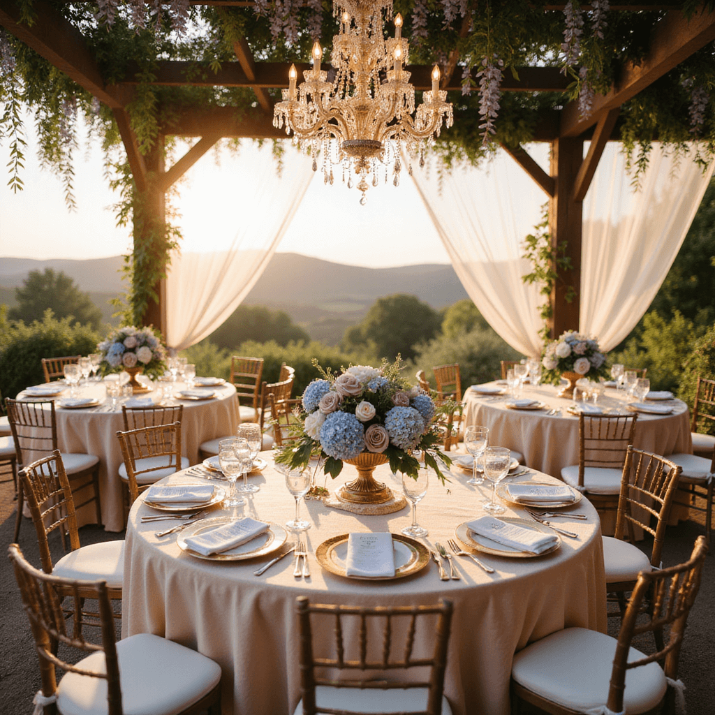 A beautifully arranged garden terrace for a spring wedding, featuring blush silk tables, pastel floral centerpieces, crystal chandeliers, and flowing tulle drapery, all illuminated by golden hour light.