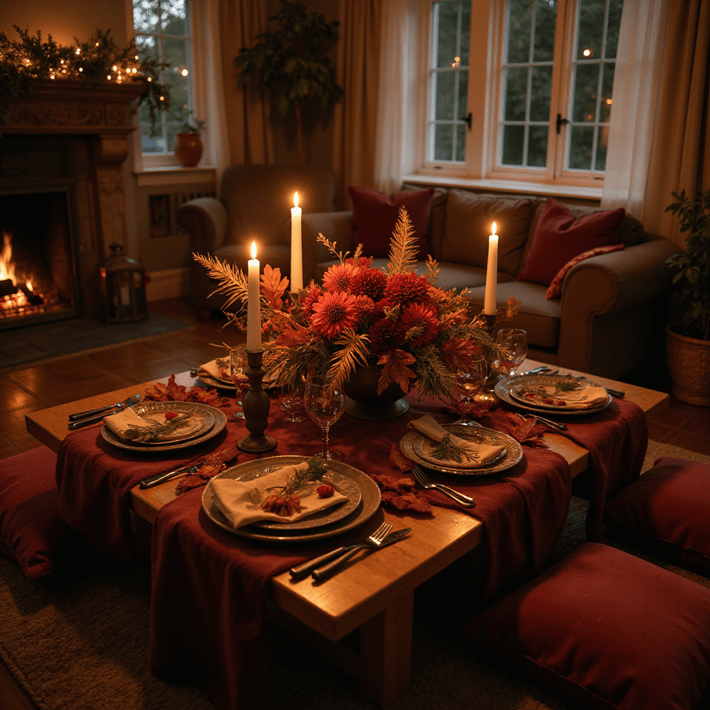 An intimate autumn evening celebration in a cozy living room featuring a low table with a burgundy velvet runner, surrounded by jewel-toned floor cushions. Mood lighting from bronze candleholders illuminates mismatched vintage china and modern black flatware, while a floral arrangement of red dahlias, burnt orange leaves, and pampas grass serves as the centerpiece. Soft fairy lights and a crackling fireplace enhance the warm ambiance.