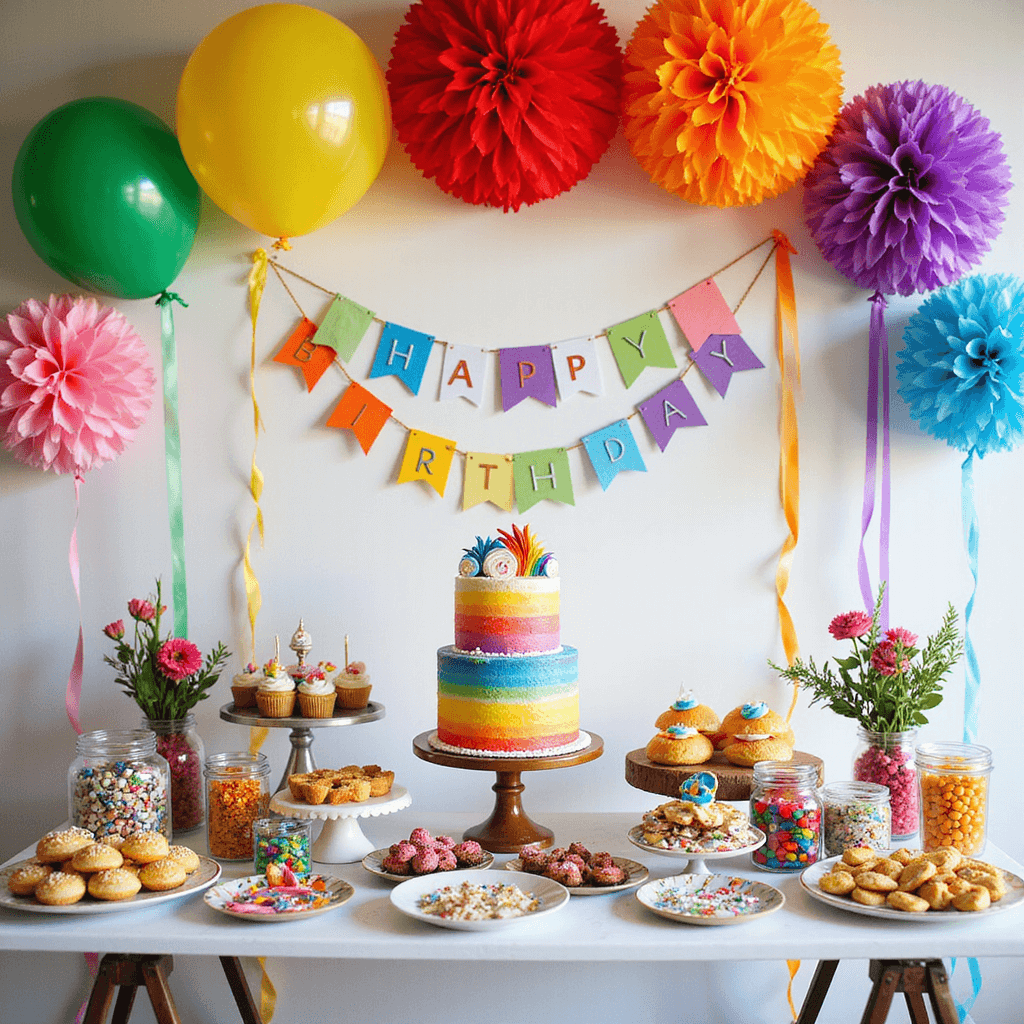 A vibrant children's birthday party scene in a sun-drenched modern apartment, featuring a tiered rainbow cake, colorful cupcakes, cake pops, candy jars, floating helium balloons, DIY pom-poms, and a hand-painted 'Happy Birthday' banner, captured in an overhead flat lay.