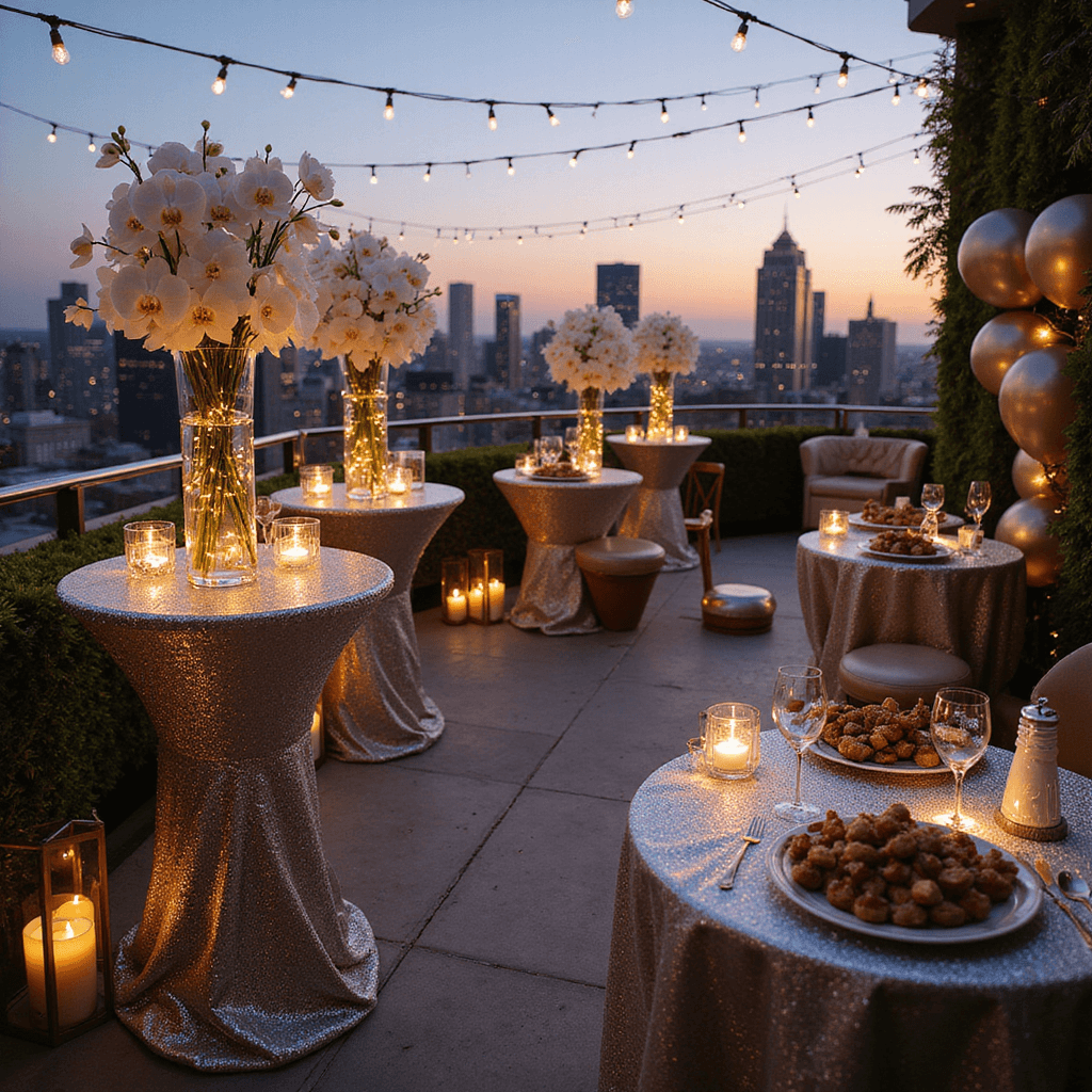 An elegant New Year's Eve rooftop soirée featuring high-top tables with silver sequin linens, tall glass vases of white orchids, a champagne tower, gourmet hors d'oeuvres, and string lights, all set against a chic urban skyline at dusk.