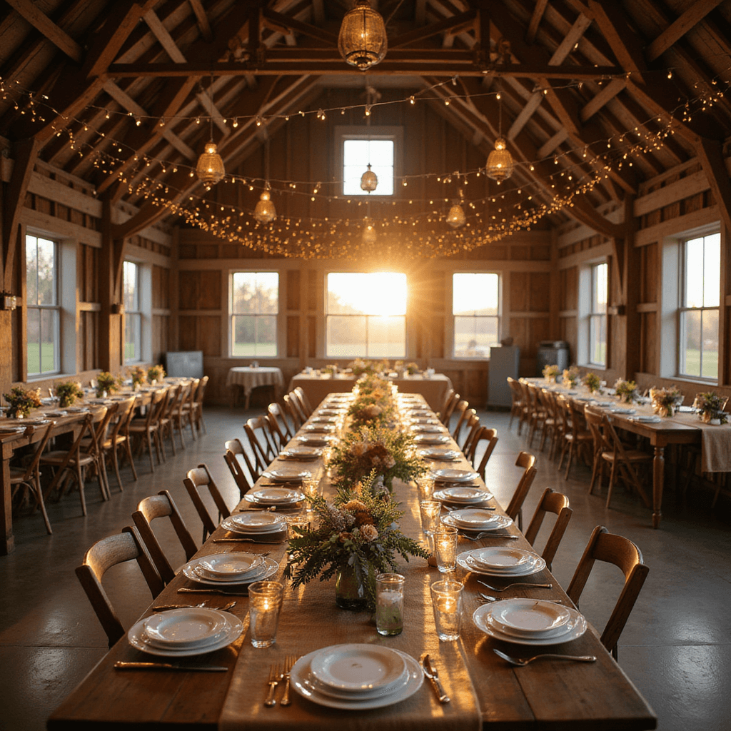 A wide-angle view of a rustic-chic barn wedding reception at golden hour, featuring long farmhouse tables with burlap runners, lush eucalyptus garlands, mason jars with candles, vintage china, wooden directional signs, a dessert cart with pies, a whiskey bar, and twinkling fairy lights overhead.