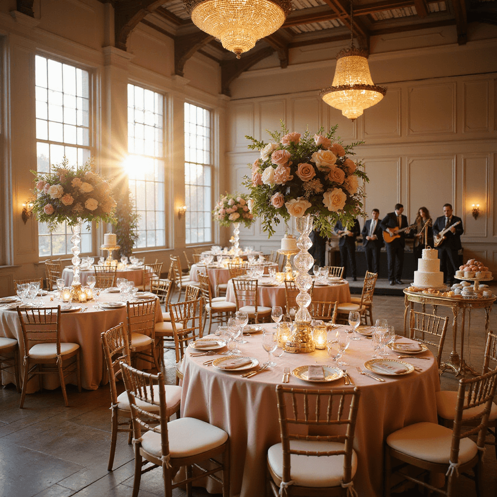 A grand ballroom wedding reception with blush pink silk-draped tables, towering floral centerpieces, crystal chandeliers, and a live jazz band, all bathed in golden hour light.
