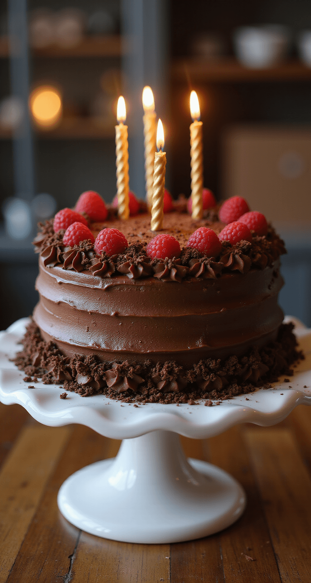 CHOCOLATE BIRTHDAY CAKE: THE ULTIMATE CROWD-PLEASING DESSERT A beautifully decorated two-layer chocolate birthday cake on a white ceramic stand, adorned with fresh raspberries, chocolate shavings, and piped rosettes, with golden candles reflected on a polished table, all set in a warm, celebratory atmosphere.
