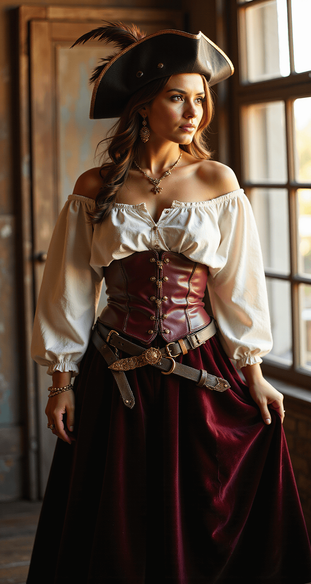 A fashionable woman poses in a sunlit dressing room, wearing a white peasant blouse, burgundy leather corset, and dark velvet maxi skirt, against a weathered wood backdrop. Golden hour light illuminates her antique gold jewelry and a detailed captain's hat with a feather plume, as ornate belts with vintage brass buckles accentuate her waist. The wide-angle shot captures the intricate costume details and romantic ambiance.