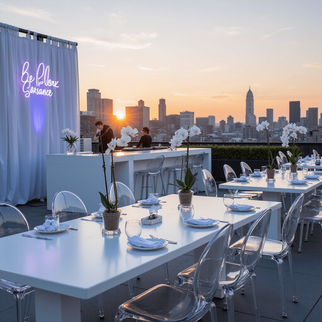 A modern minimalist rooftop reception at sunset, featuring sleek white tables with statement orchids, ghost chairs, lucite place cards, sheer drapery, a neon sign bar, and a DJ booth, all set against a city skyline.