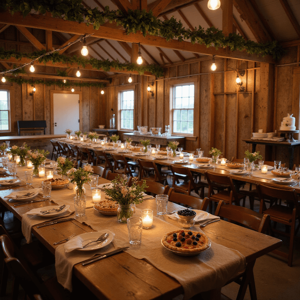 A warm and cozy rustic barn wedding reception featuring wooden farm tables with burlap runners, mason jar wildflower centerpieces, vintage china, and overhead greenery with Edison bulbs, complemented by a dessert table of pies and a naked berry cake, alongside a polaroid guest book station.
