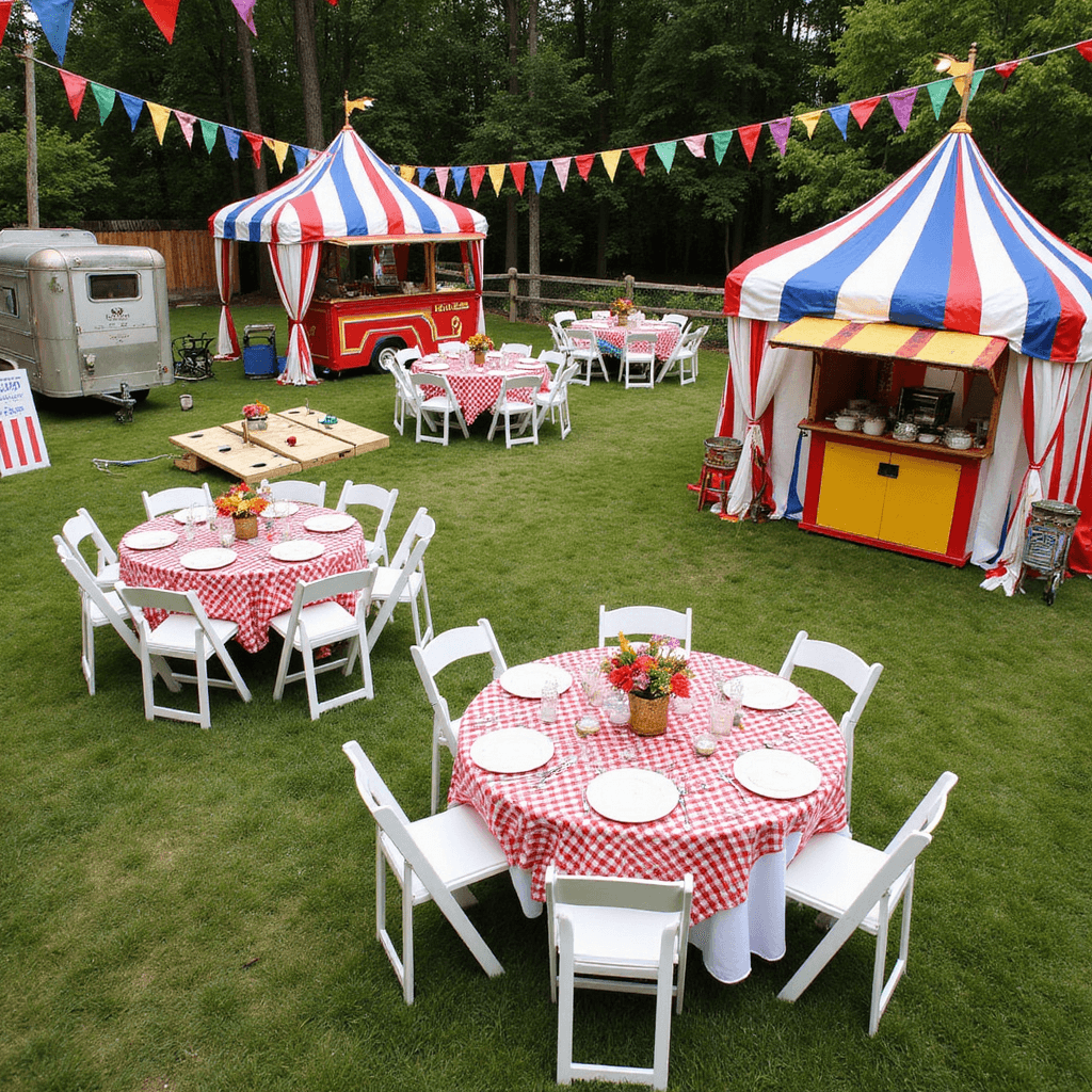 Aerial view of a vibrant backyard carnival-themed wedding reception with striped tents, food truck stations, lawn games, a cotton candy cart, red and white gingham tables, and colorful pennant flags overhead.