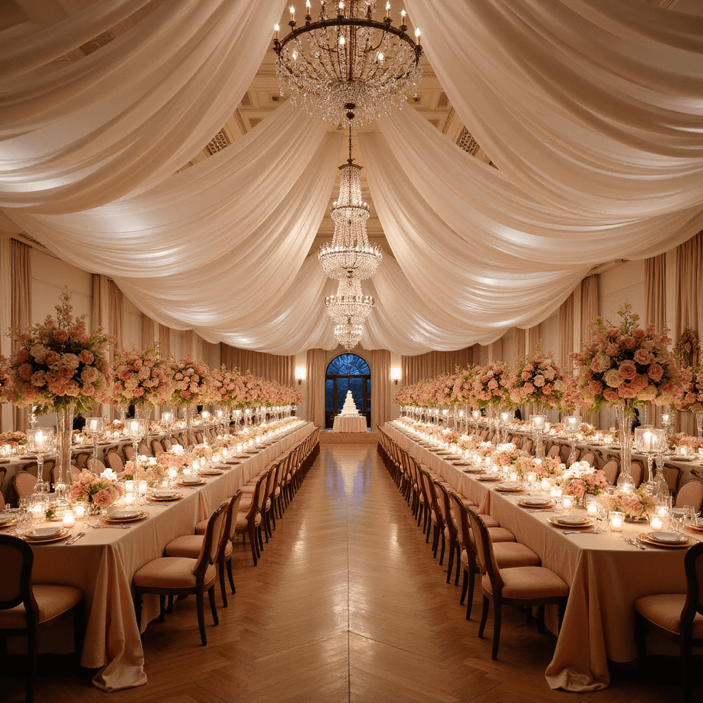 A grand ballroom elegantly decorated for a wedding reception, featuring sheer white drapes, long blush silk tables with floral centerpieces, hundreds of floating candles, a decadent dessert table, and vintage lounge areas, all creating a warm and romantic ambiance.