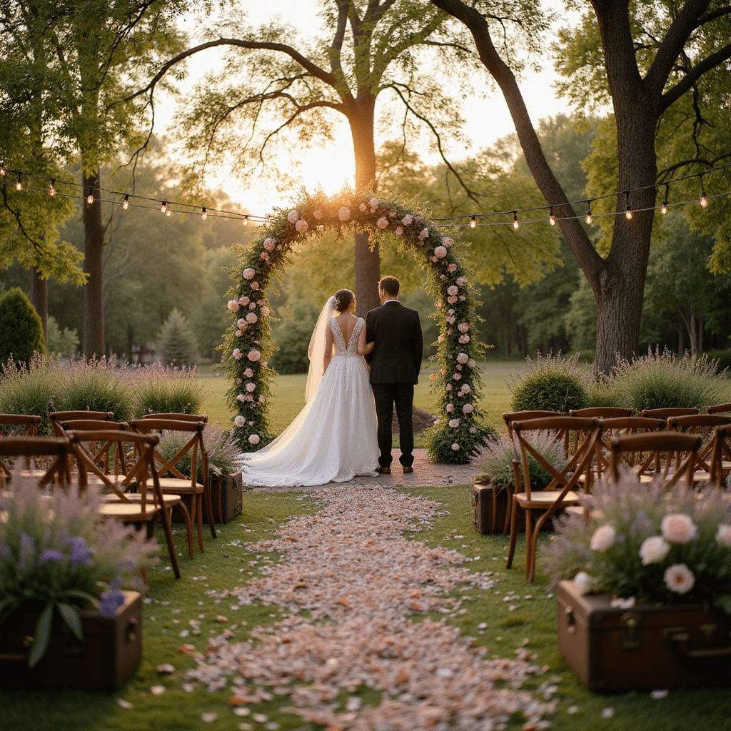 An intimate enchanted garden wedding ceremony at golden hour, featuring a flower-adorned arch, wooden chairs lined with fresh lavender, a natural aisle of rose petals, and vintage suitcases filled with wildflowers, all under twinkling string lights, capturing the dreamy glow on the bride's lace gown and groom's tailored suit.