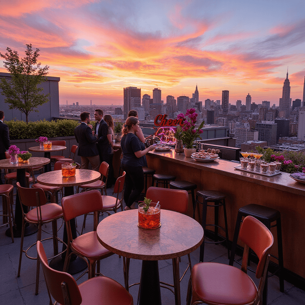 A vibrant rooftop cocktail party in NYC at sunset, featuring high-top tables with geometric floral arrangements, a neon 'Cheers to 30!' sign, servers with colorful cocktails, and guests mingling around a stylish copper-accented bar.