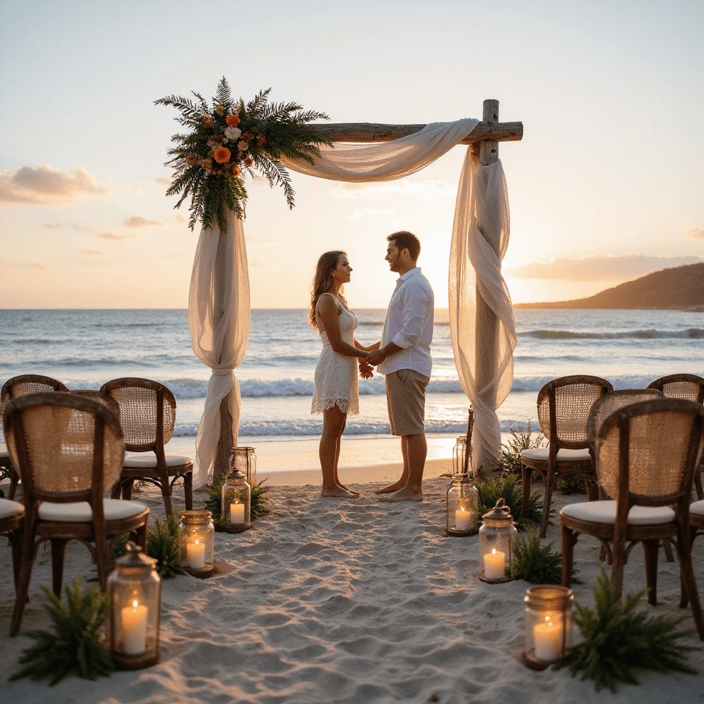 An intimate beachfront vow renewal at sunrise with a wooden arch draped in white fabric and tropical flowers, mismatched vintage chairs in a semicircle, flickering lanterns lining the sandy aisle, and a couple standing barefoot in the surf, surrounded by lace parasols and woven blankets.