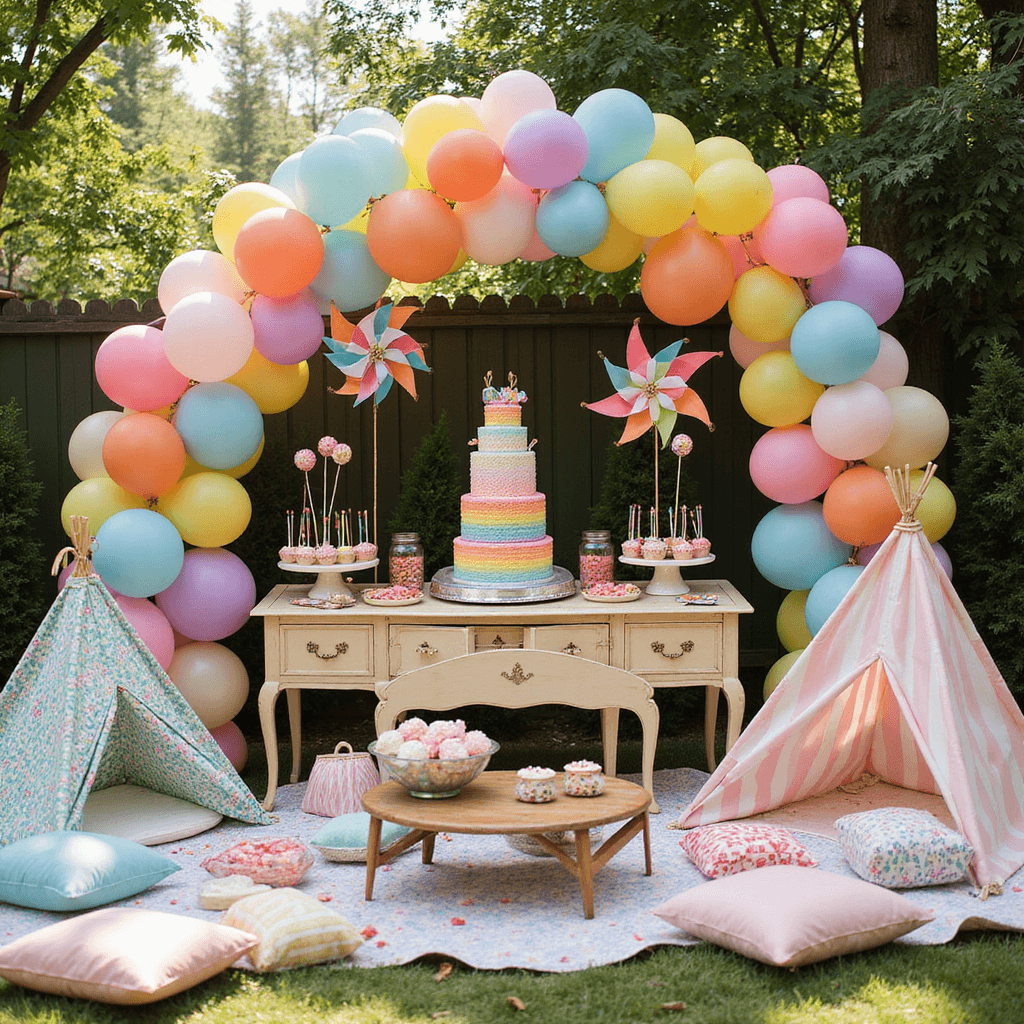 Aerial view of a lively children's birthday party in a sunlit backyard, featuring a vibrant balloon arch, a dessert table with a rainbow cake, cake pops, and candy jars, along with cozy picnic areas with teepee tents, a vintage ice cream cart, and colorful decorations like pinwheels and lanterns.