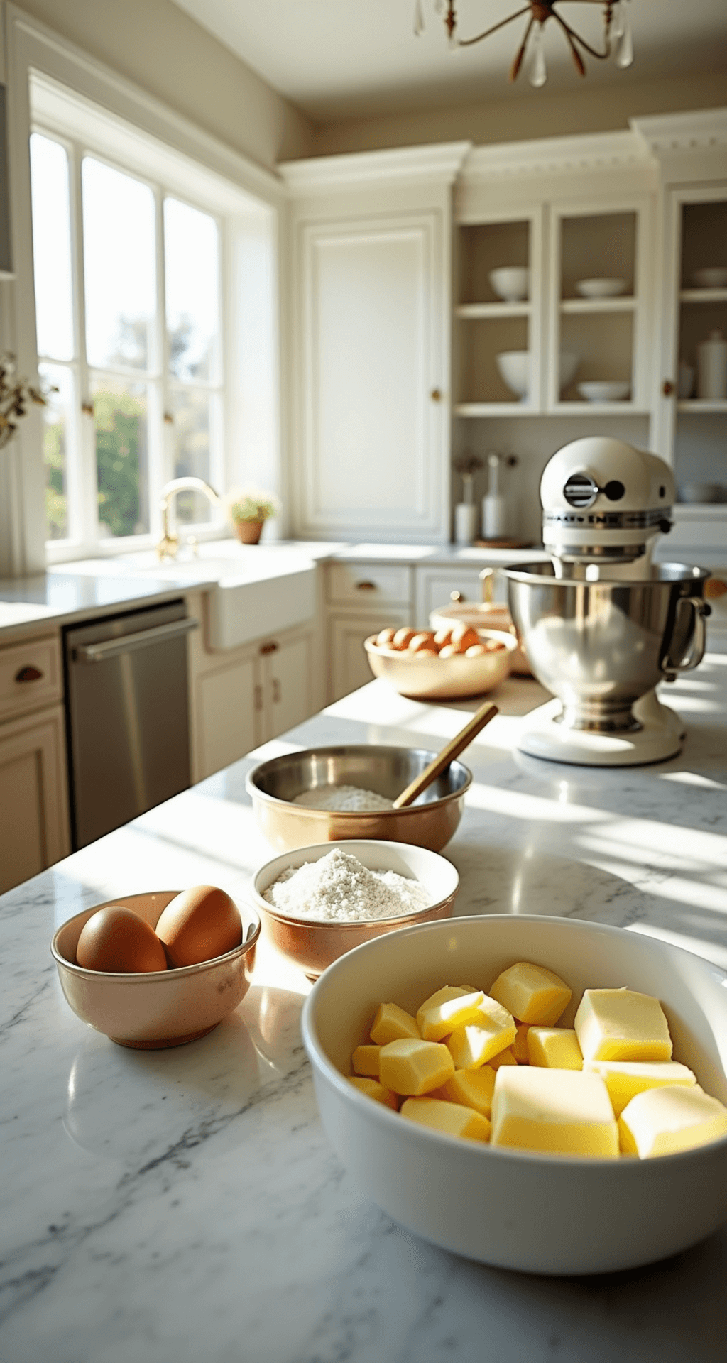A bright, sunlit professional kitchen with organized ingredients for a wedding cake, including butter, eggs, and flour in metal bowls, alongside golden measuring tools and a vintage mixer on marble countertops, all bathed in natural light.