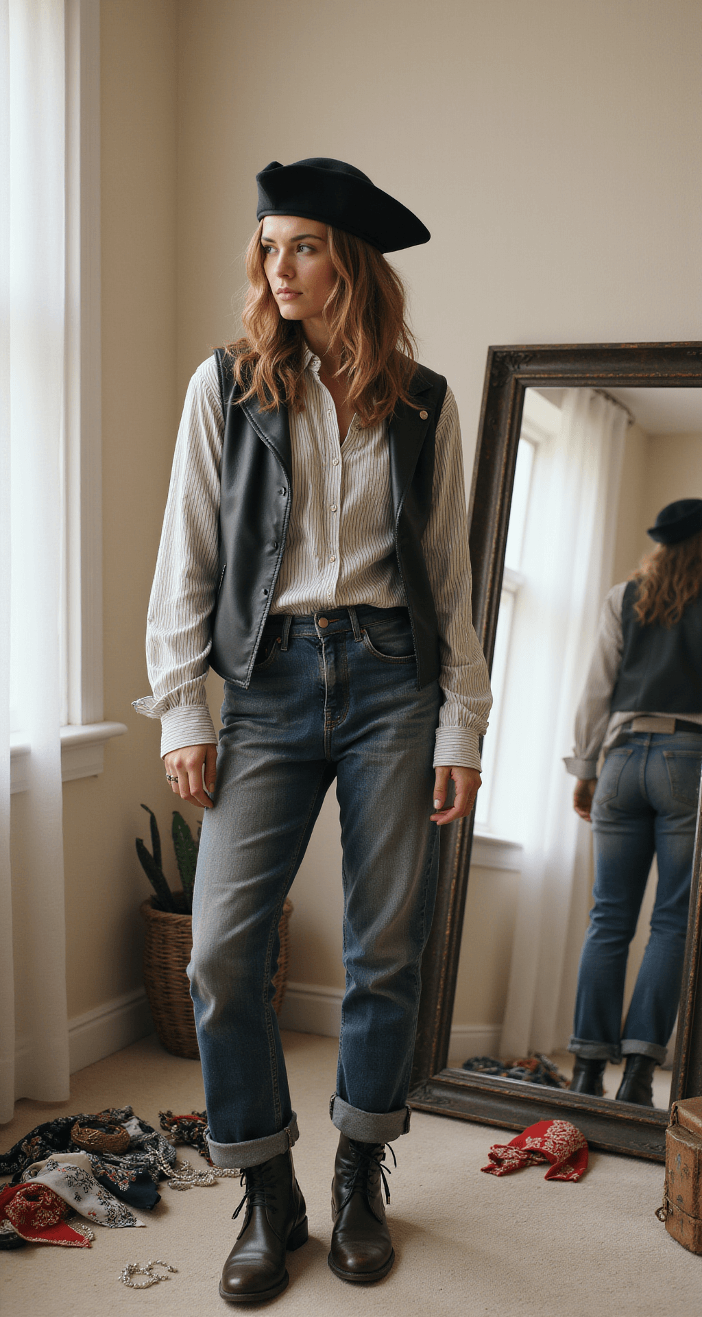 A woman styles her thrifted pirate costume in a modern minimalist bedroom with cream walls, illuminated by natural midday light. She wears a striped linen shirt, distressed black leather vest, and high-waisted dark denim, while scattered accessories like bandanas, silver chains, and weathered boots surround her. The scene is captured from a 3/4 angle, showcasing both her reflection in a full-length mirror and the room's decor.