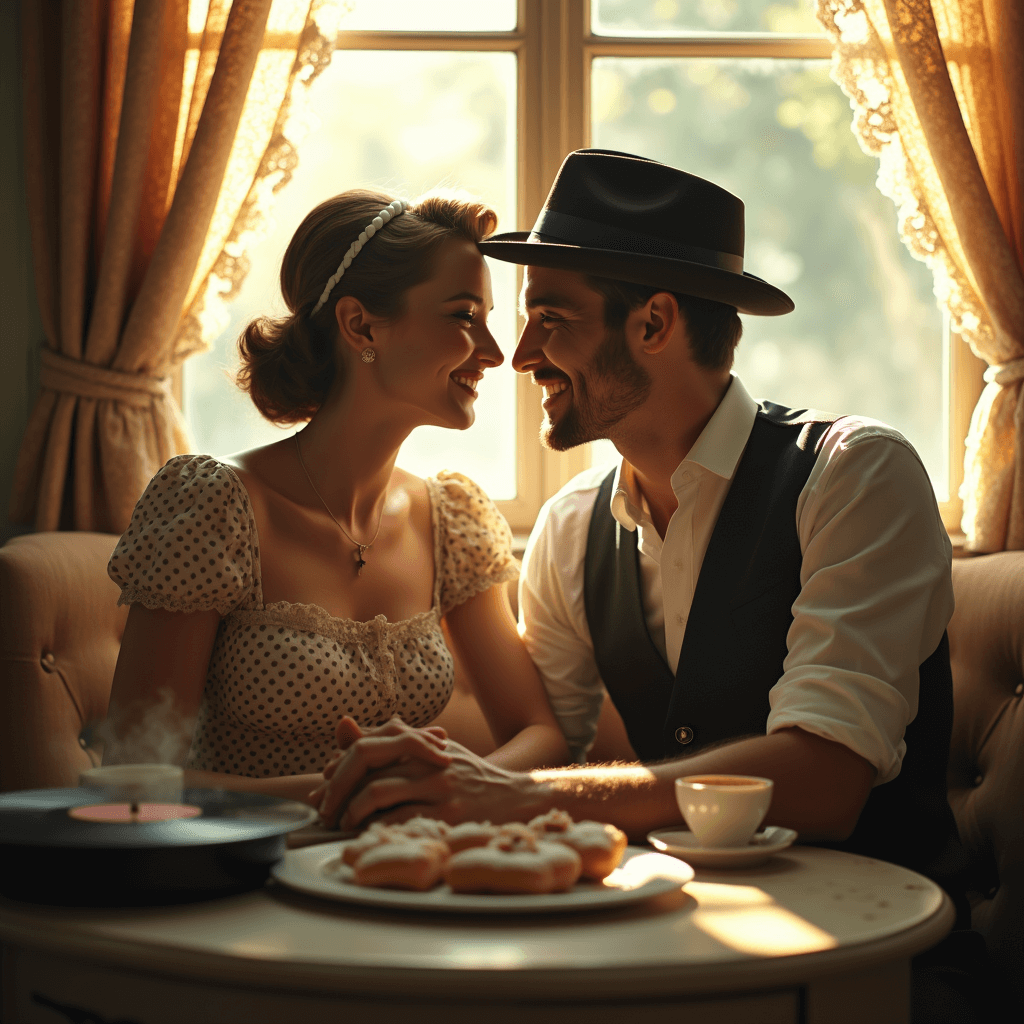 A sunlit vintage café scene featuring a couple in 1950s attire, the woman in a polka dot dress and the man in a classic fedora, sharing an intimate moment at a weathered wooden table adorned with half-eaten pastries and steaming coffee cups, illuminated by golden light filtering through lace curtains. Their fingers are intertwined, and they exude pure joy amidst antique furnishings and a vinyl record player, captured with a nostalgic grainy filter.