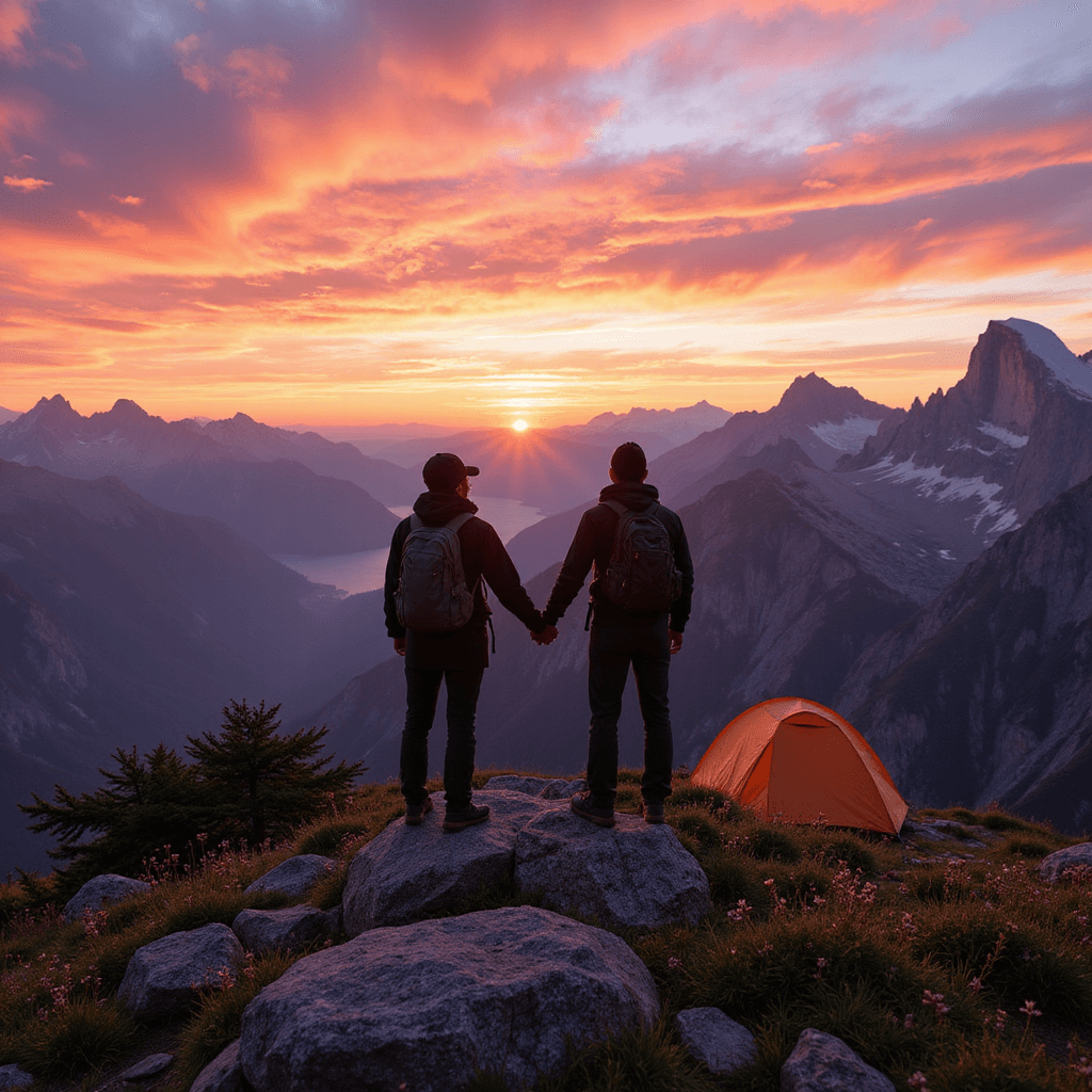 A couple in matching hiking gear stands hand-in-hand on a rocky mountaintop at dawn, silhouetted against a vibrant pink and orange sky, with a tent and alpine wildflowers in the background.