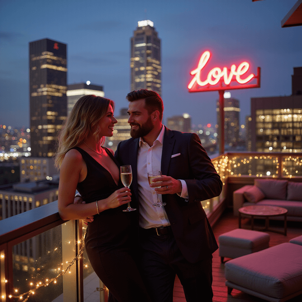 A stylish couple in a sleek cocktail dress and tailored suit lean against a glass railing on an urban rooftop at twilight, holding champagne flutes. Twinkling city lights, iconic skyscrapers, fairy lights, and modern lounge furniture create an intimate atmosphere. A neon sign reading 'Love' casts a warm glow on their faces as they share a laugh, captured from a slightly elevated angle.
