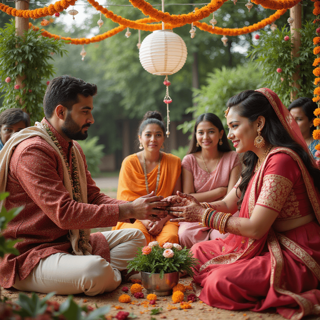 A couple in intricate traditional wedding attire performs a ceremonial ritual in a lush garden adorned with vibrant flowers and ornate decorations, surrounded by family members in colorful ethnic dress. Strings of marigolds and paper lanterns hang above, all bathed in soft natural light.