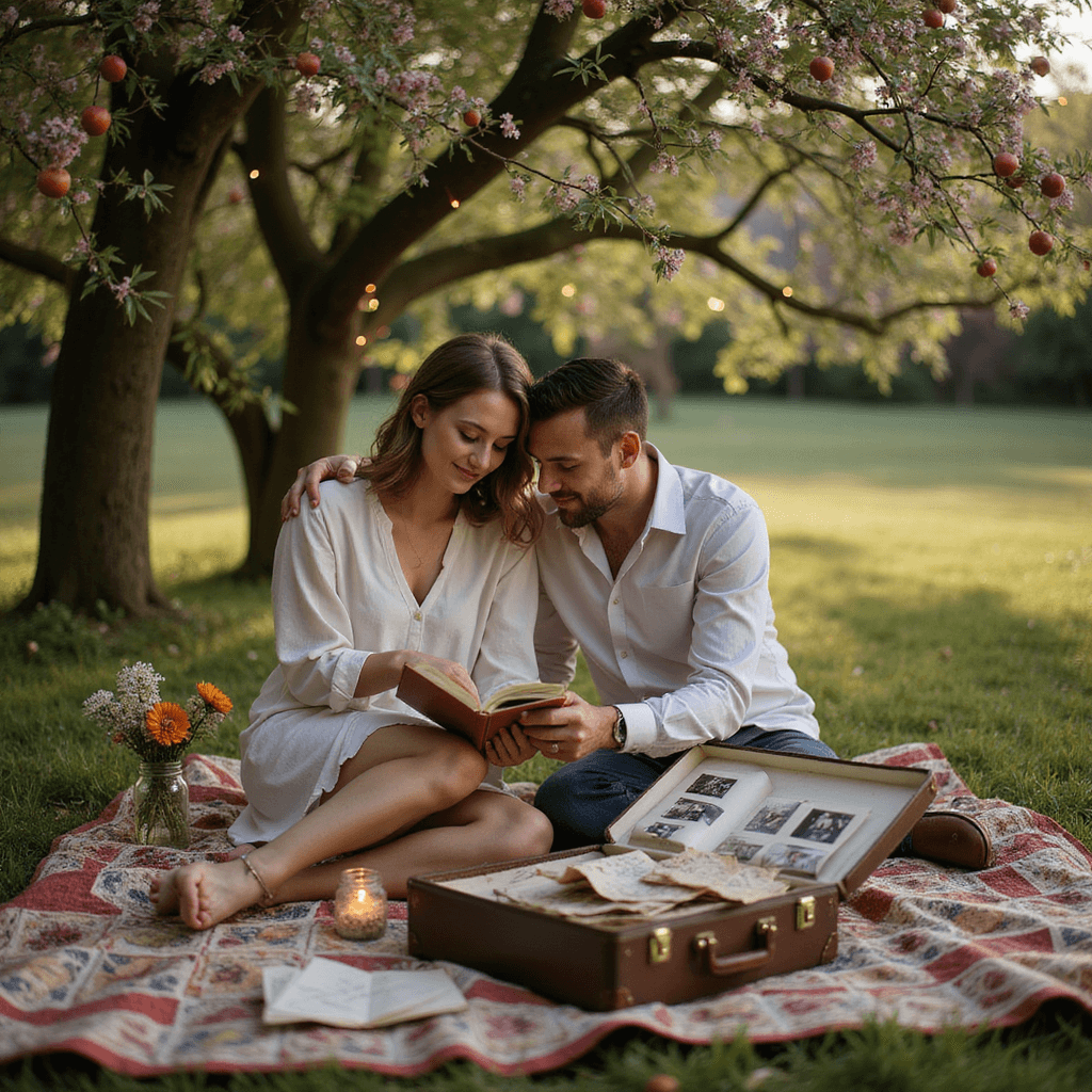 A couple sits on a patchwork quilt under an apple tree, surrounded by wildflowers in Mason jars, with a vintage suitcase full of love letters. They are looking through a photo album, bathed in warm afternoon light and adorned with fairy lights above.