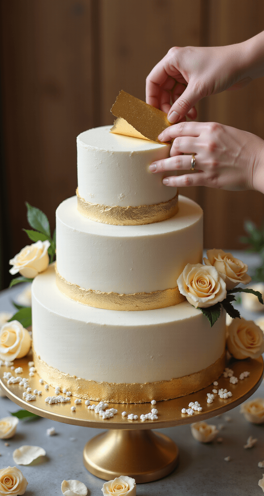 Close-up of hands applying edible gold leaf to a three-tier white cake on a golden stand, surrounded by sugar pearls and cream-colored fondant roses, under warm studio lighting.
