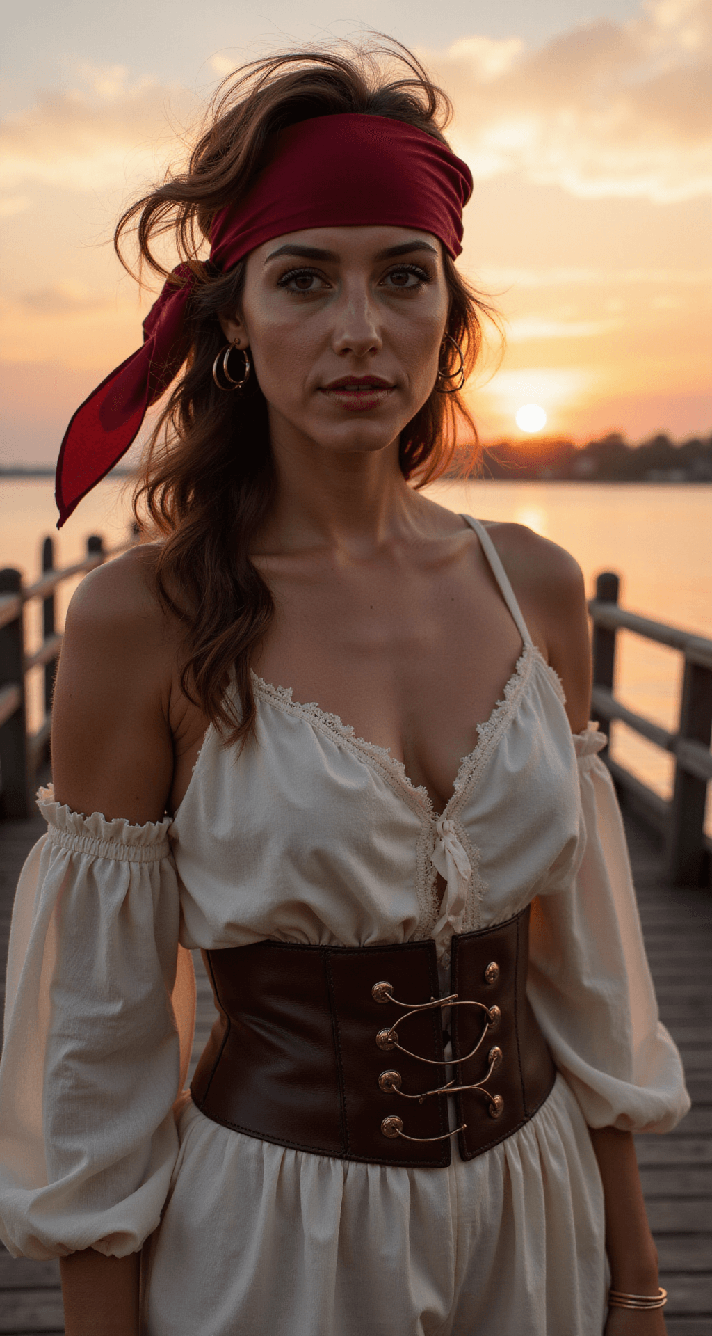 Portrait of a female pirate at a rustic wooden pier during sunset, dressed in cream silk and white cotton layered garments cinched with a brown leather corset. Her wind-tousled hair, adorned with a ruby red bandana, and gold hoop earrings catch the warm light as she is silhouetted against a pink-orange sky.