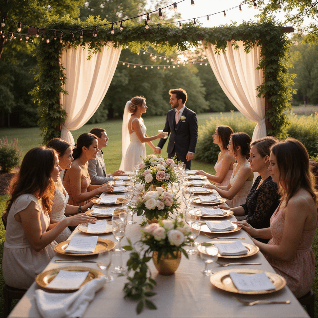 A sunlit backyard wedding at golden hour, featuring an intimate gathering of 20 guests at a long farm table with blush pink and cream linens, adorned with lush floral centerpieces in vintage brass vessels, and warm fairy lights overhead; a rustic wooden arch decorated with flowing fabric and florals frames the newlyweds sharing a toast.