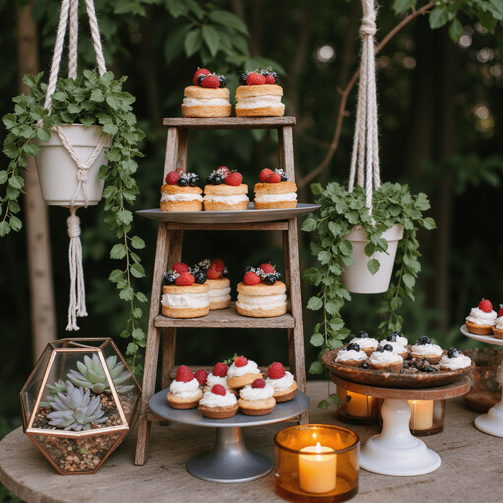 Whimsical dessert display at a boho micro-wedding featuring a vintage ladder as a cake stand with mini naked cakes topped with berries and flowers, surrounded by mismatched cake stands of petite desserts, macramé plant hangers with ivy, copper geometric terrariums with succulents, and warm candlelight in amber glass votives.