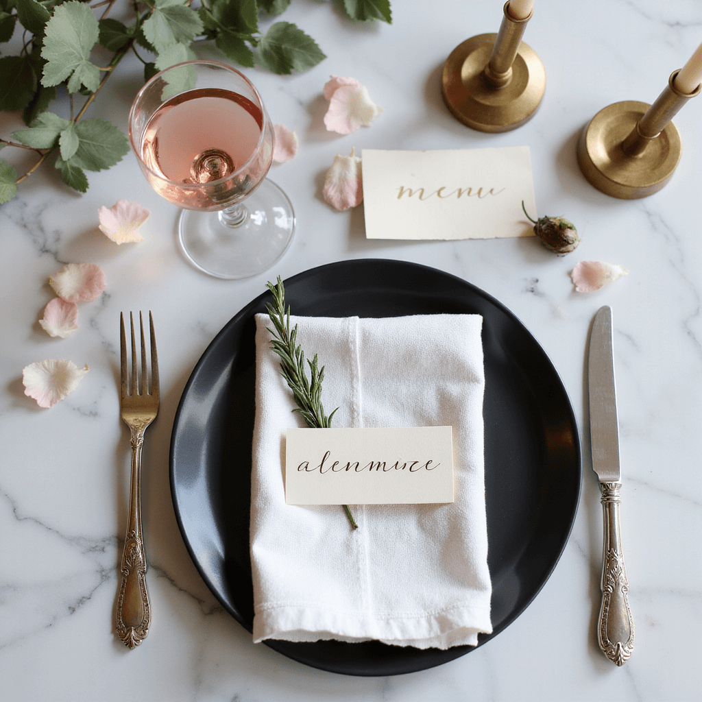 Overhead flat lay of an elegant dinner party place setting featuring a folded white napkin on a matte black plate, fresh rosemary, a handwritten vellum place card, vintage silver cutlery, a champagne coupe with blush wine, a menu card with gold calligraphy, scattered rose petals, and taper candles in brass holders on a textured marble surface.