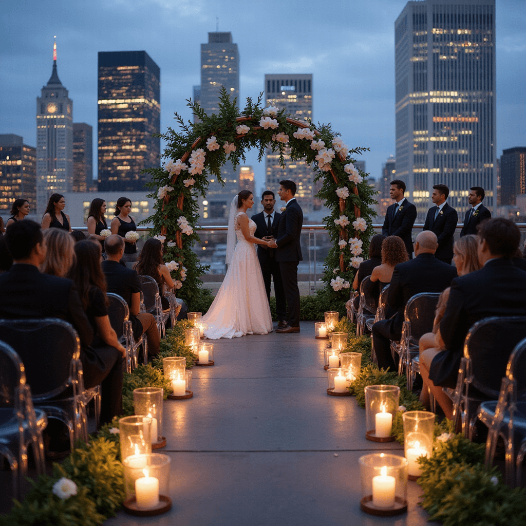 Twilight rooftop wedding ceremony with city skyline in the background, featuring guests in clear ghost chairs, an asymmetrical floral installation, oversized glass lanterns lining the aisle, and a modern arch of copper piping with cascading orchids.
