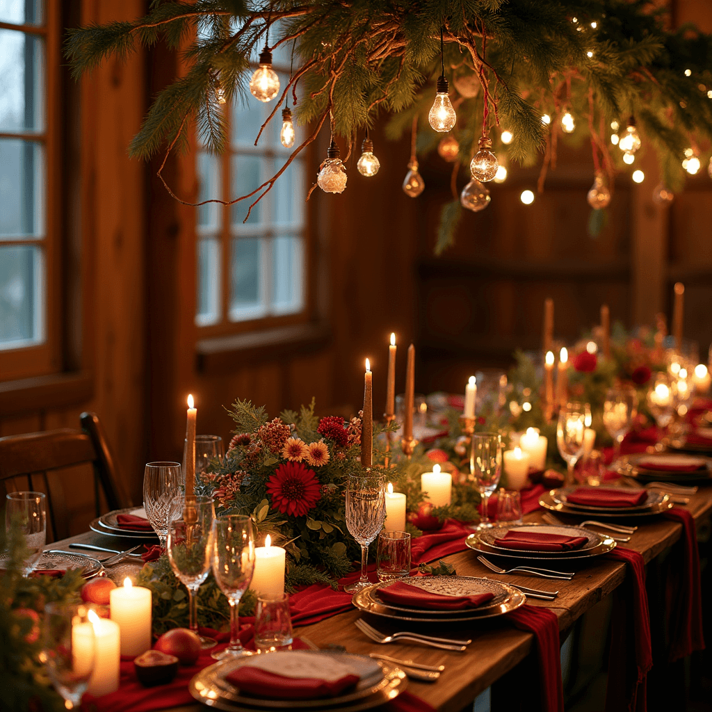 Cozy winter micro-wedding tablescape in a rustic barn, featuring warm candlelight, rich velvet linens, vintage cut-crystal goblets, gold-rimmed china, and lush garlands of pine, eucalyptus, and burgundy dahlias, with pomegranates and figs. Above, branches with fairy lights and glass baubles create a magical canopy.