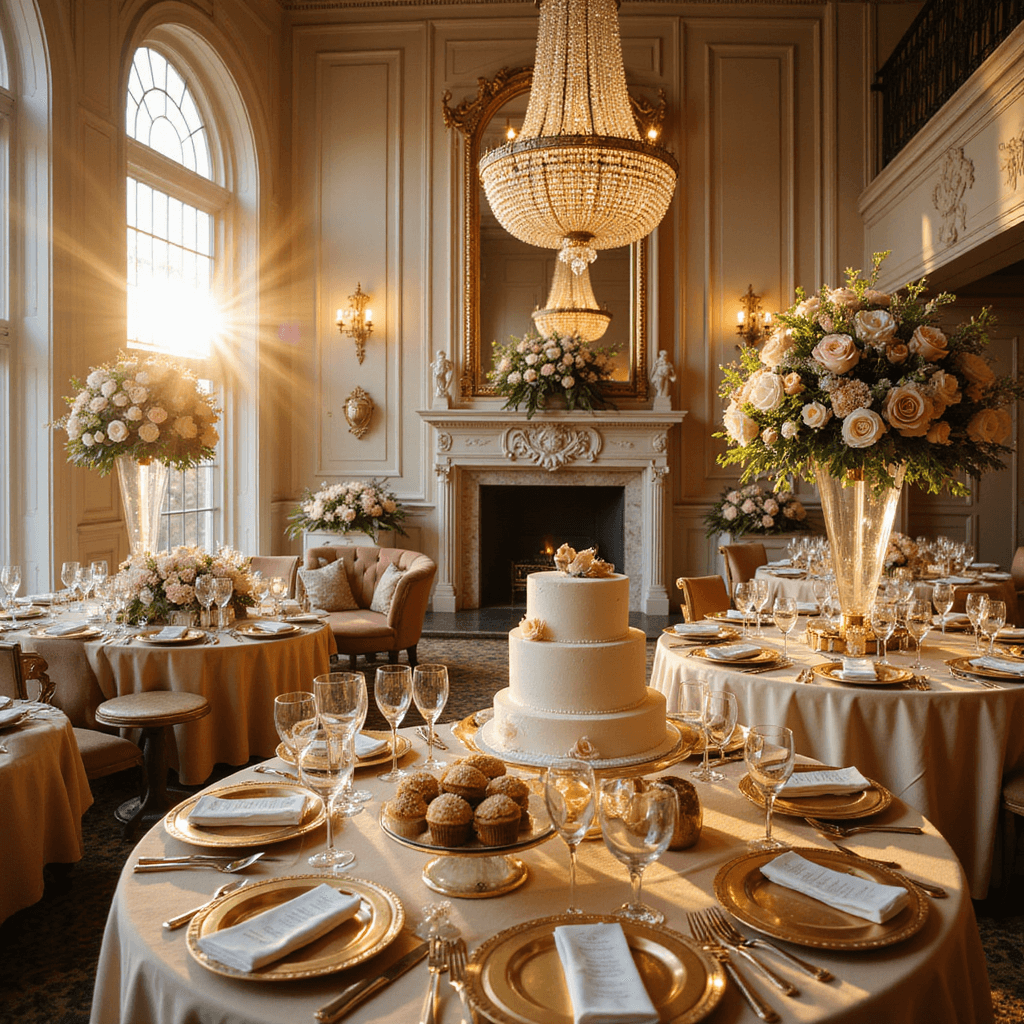 A luxurious ballroom bathed in warm golden light, featuring round tables with silk linens, floral centerpieces, crystal chandeliers, and an elegant dessert table with a tiered wedding cake and pastries.