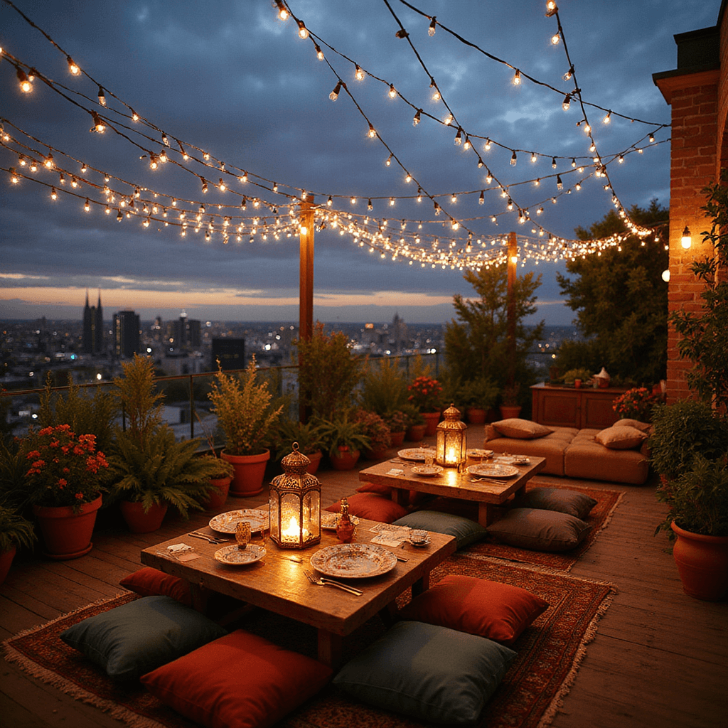 A cozy rooftop terrace at twilight adorned with fairy lights, low tables, plush cushions, Moroccan lanterns, and vibrant florals, offering a stunning city skyline view.