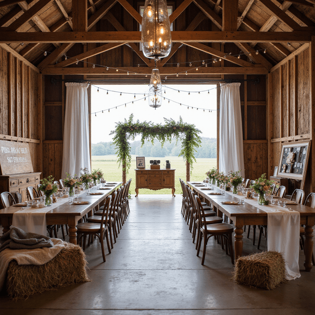 A whimsical summer wedding setup inside a rustic barn, featuring long wooden tables with wildflower centerpieces, mismatched vintage chairs, and Edison bulb lighting, framed by sheer drapery and a birch arch with greenery and blooms, along with a vintage dresser for guest photos and hay bale seating.