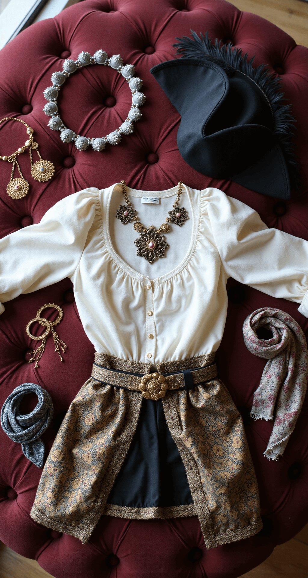 Overhead shot of a plush velvet ottoman featuring an elaborate pirate costume, including a white ruffled blouse, ornate jewelry, beaded belts, an embroidered vest, patterned silk scarves, and a black feathered tricorn hat, all illuminated by soft natural window light.