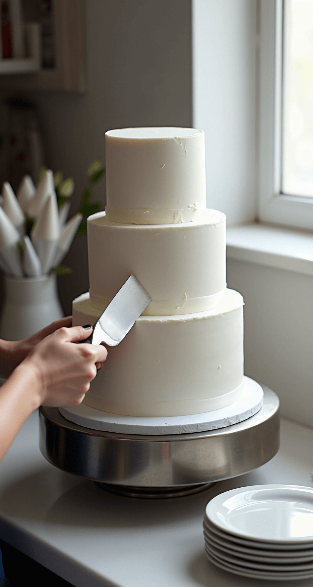 Close-up of a three-tiered white wedding cake being assembled, with a baker applying pearl-white buttercream on a metallic turntable, bathed in soft natural light.