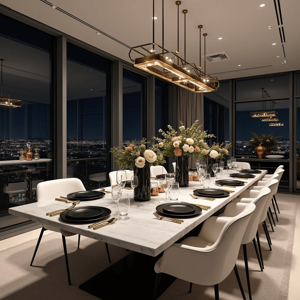 A modern minimalist apartment with floor-to-ceiling windows showcasing a city night view, featuring a marble dining table set with matte black plates and gold cutlery, a stylish chandelier, and a luxurious lounge area with leather chairs.