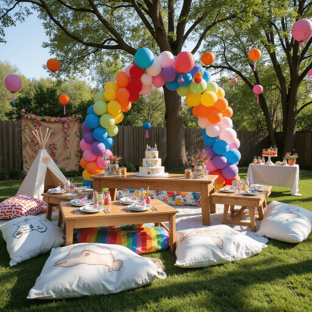 Whimsical children's birthday party in a sun-drenched backyard featuring a colorful balloon arch, picnic area with low tables and playful place settings, a hand-painted teepee reading nook surrounded by oversized cushion woodland creatures, a dessert station with a tiered cake and jars of candies, and paper lanterns hanging from tree branches, all captured from a slightly elevated angle.