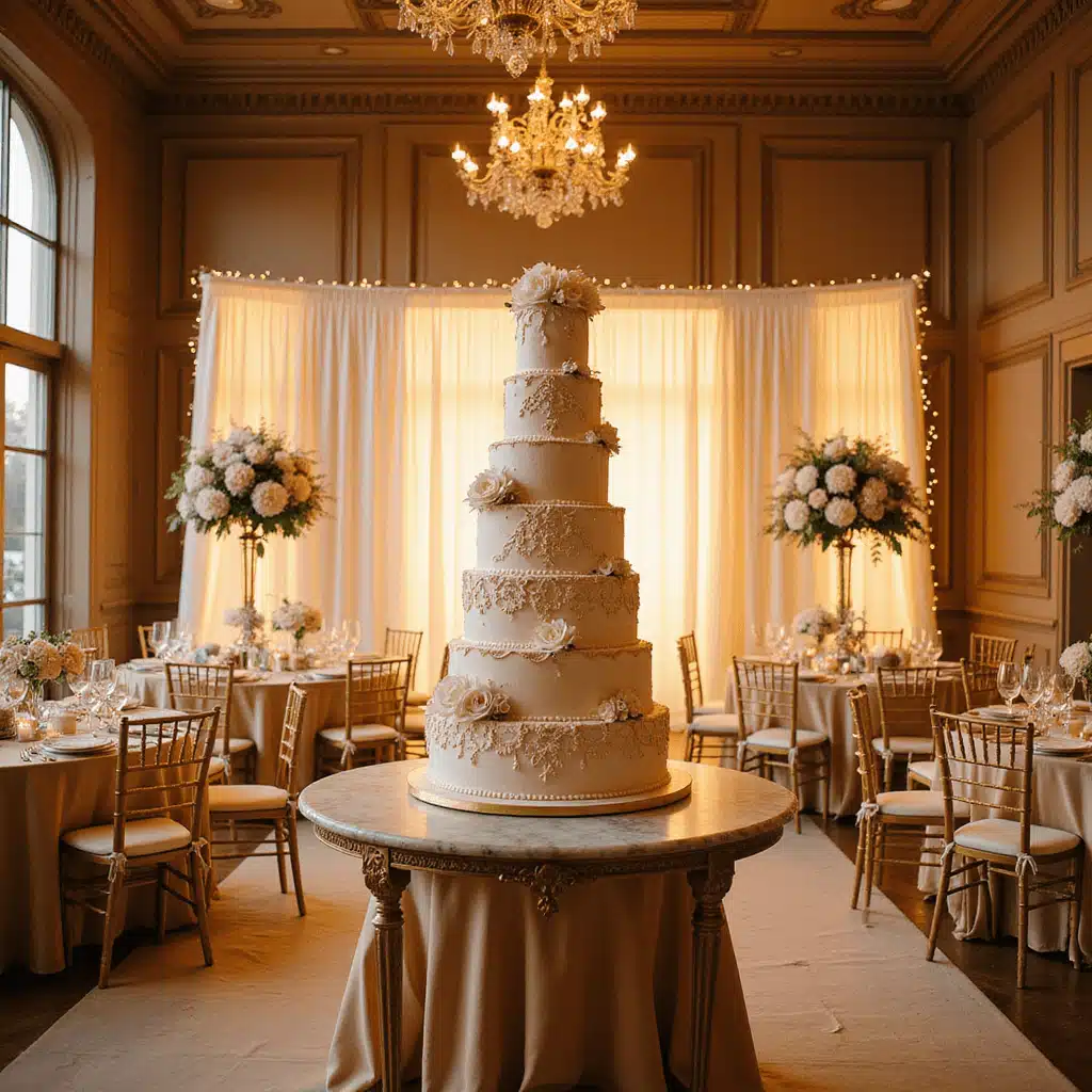 A grand ballroom illuminated by golden hour light, featuring a towering 7-tier wedding cake adorned with white sugar flowers and gold edges, set on a marble-topped dessert cart. Surrounding round tables are draped in champagne silk linens with crystal candelabras and blush and ivory floral centerpieces, accented by ornate gold Chiavari chairs and a twinkling sheer drapery backdrop.